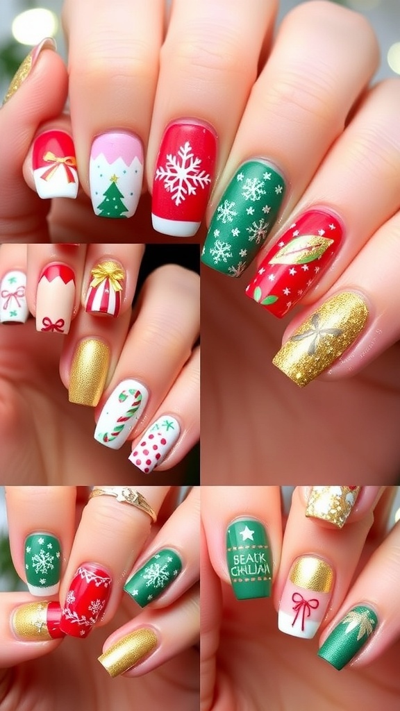 A variety of Christmas-themed nail art designs featuring red, green, and gold colors with patterns like snowflakes and candy canes.